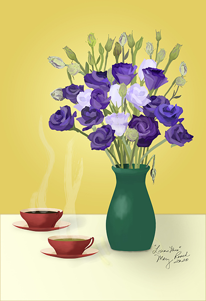 oil painting of a vase of Lisianthus with 2 coffee cups