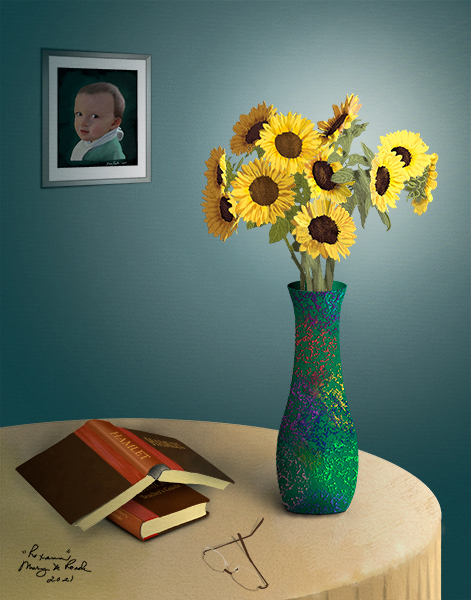 Sunflowers on a table in a shadowed room