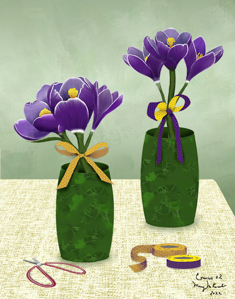 Crocuses version 2 on table in vases