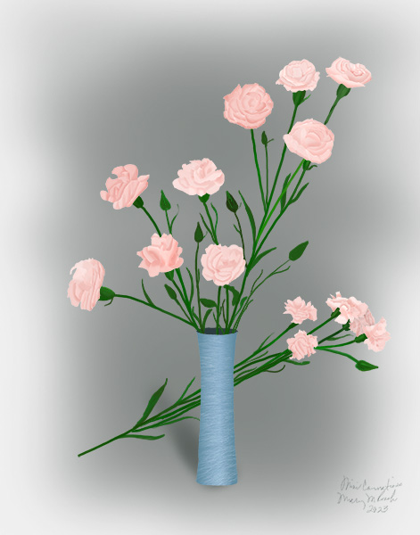 several stems of pink mini-carnations, most in a vase, some laying waiting to be placed